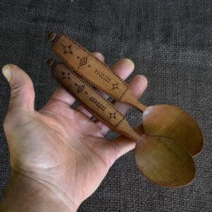 Pair of Roasted Love Spoons ~ Folk Art Pattern Hand carved with Axe & Knife by Alex Finberg From Beech Wood Carved in South Devon, UK Finished with Organic Linseed Oil