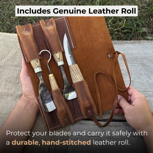 4-Piece Spoon Carving Tool Set with Leather Roll - Image 5
