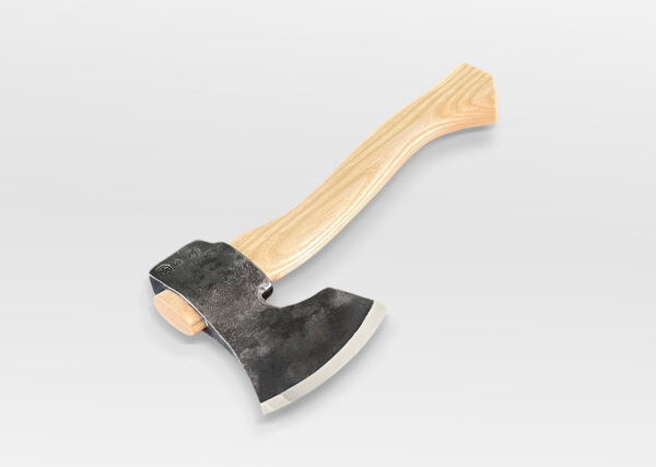 The Sloyd carving axe hand-forged for spoon carving and green woodworking with a sheath on a white background